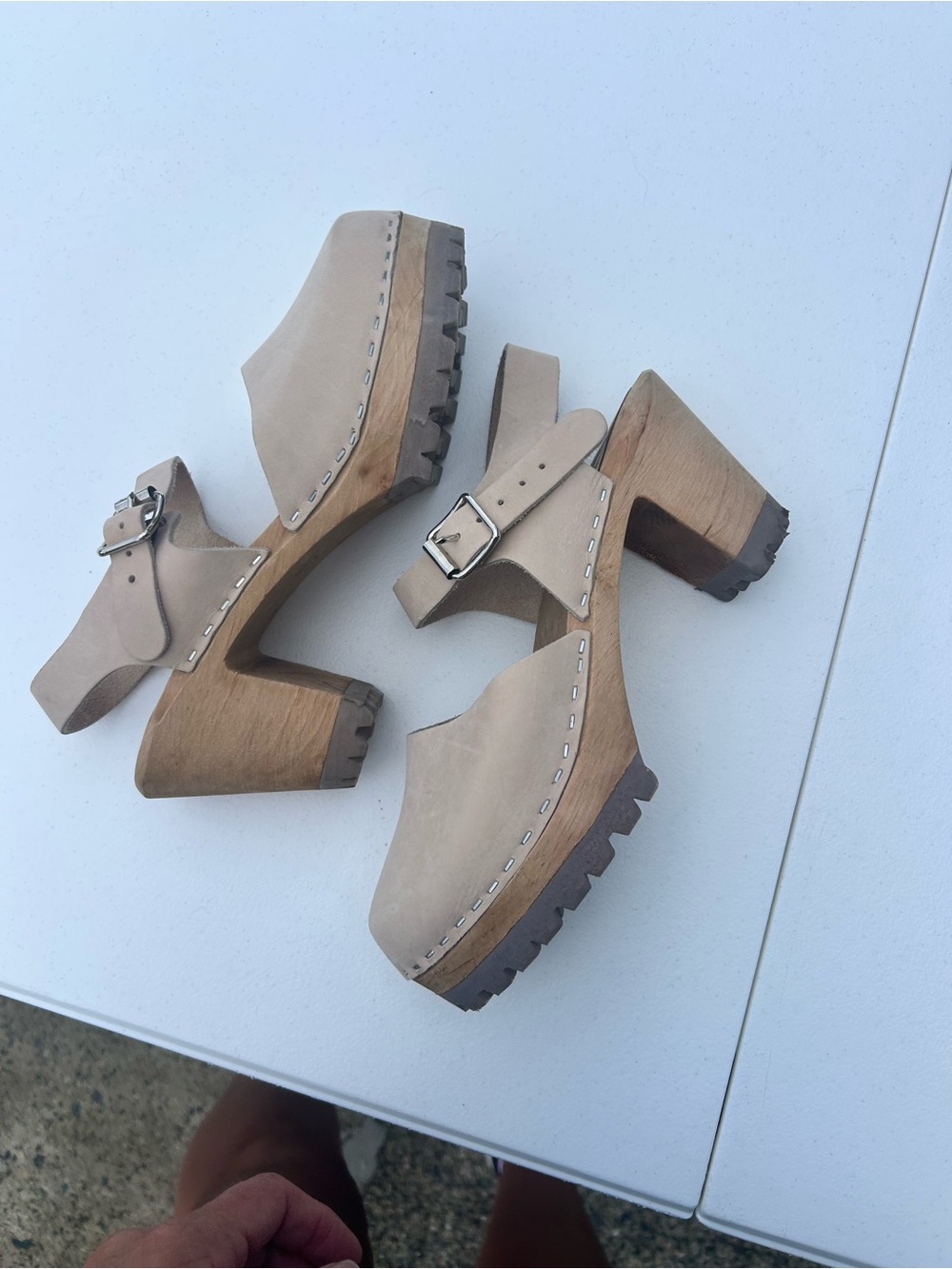 MIA Beige Leather Clog Heels with Wood Platform and Buckle - Picture 9 of 10